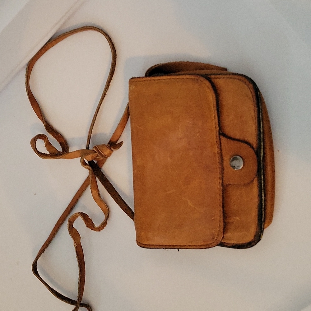 Vintage Mini Bag- Tan/Camel Leather Purse with Strap, Mirror